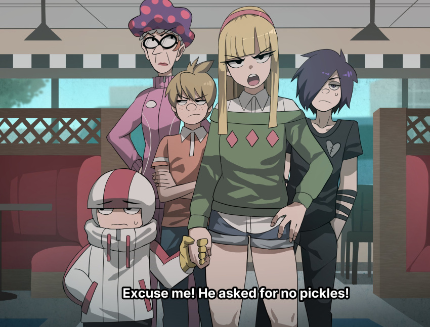 2girls 3boys black_hair blonde_hair brown_hair embarrassed english_text gloves height_difference helmet highres holding_hands jourd4n kendall_perkins kick_buttowski kick_buttowski_(character) messy_hair multiple_boys multiple_girls old old_woman shorts subtitled sweatdrop