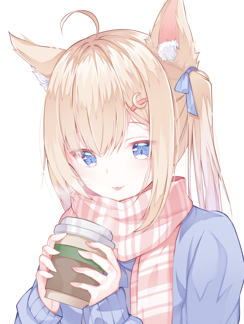 1girl :3 ahoge animal_ear_fluff animal_ears blonde_hair blue_eyes blue_ribbon blue_sweater coffee commentary crescent crescent_hair_ornament cup hair_ornament hair_ribbon highres holding holding_cup long_hair looking_down original plaid plaid_scarf red_scarf ribbon scarf simple_background sweater tongue tongue_out twintails white_background zuu_(qq770463651)