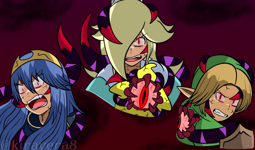 alternate_eye_color angry blonde_hair blue_hair corruption crossover dark_persona dharkon fangs fire_emblem fire_emblem_awakening glowing glowing_eyes hal_laboratory highres kiravera8 link long_hair looking_at_viewer lucina_(fire_emblem) luma_(mario) nintendo open_mouth pointy_ears possessed red_eyes rosalina sharp_teeth short_hair slit_pupils super_smash_bros. teeth tentacles the_legend_of_zelda the_legend_of_zelda:_ocarina_of_time tiara veins young_link