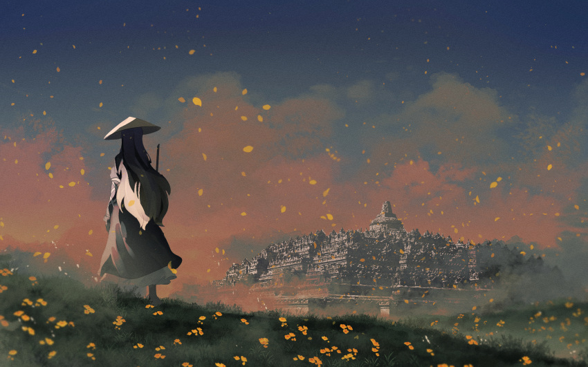 1girl black_dress black_sleeves blonde_hair blue_sky brown_headwear cloud dress facing_away flower from_behind grass hat highres hijiri_byakuren long_hair long_sleeves multicolored multicolored_hair naufaldreamer orange_sky petals purple_hair sky solo standing sunset temple touhou yellow_flower