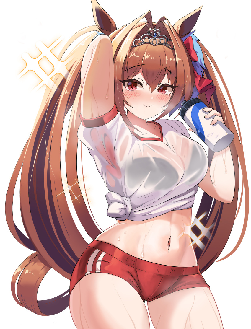 1girl absurdres animal_ears arm_up bangs black_bra blush bottle bow bra bra_through_clothes breasts brown_hair buruma closed_mouth cowboy_shot crossed_bangs daiwa_scarlet_(umamusume) eyebrows_visible_through_hair gym_uniform hair_bow hair_intakes hair_ornament highres holding holding_bottle horse_ears horse_girl large_breasts long_hair looking_at_viewer navel red_bow red_buruma red_eyes see-through shirt short_sleeves simple_background smile solo sweat sylph_p tiara twintails umamusume underwear water_bottle wet wet_clothes wet_shirt white_background white_shirt