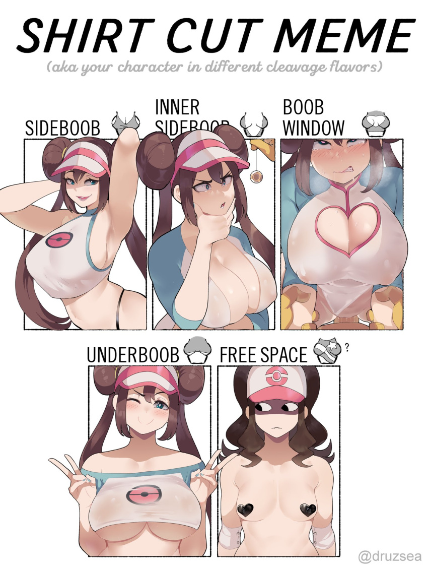 2girls adapted_costume alternate_breast_size breast_envy breasts brown_hair censored chart cleavage_cutout clothing_cutout colored_skin english_text gen_1_pokemon hat heart heart_censor heart_cutout highres hilda_(pokemon) hypno hypnosis interspecies meme mind_control multiple_girls multiple_views nyantcha pendulum pokemon pokemon_(game) pokemon_bw pokemon_bw2 pussy rape rosa_(pokemon) sex shirt_cut_meme sideboob small_breasts underboob visor_cap yellow_skin