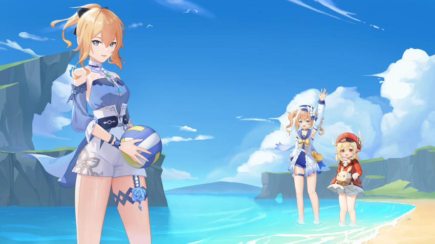 3girls :d absurdres ahoge arm_up armpits ball bangs barbara_(genshin_impact) barbara_(summertime_sparkle)_(genshin_impact) beach beachball bloomers blue_eyes blue_sky blue_swimsuit bow brown_gloves brown_scarf cabbie_hat carrying choker cloud cloudy_sky clover_print coat commentary_request detached_sleeves drill_hair eyebrows_visible_through_hair genshin_impact gloves hair_between_eyes hair_bow hair_ribbon hat hat_feather hat_ornament highres holding holding_ball horizon in_water island jean_(genshin_impact) jean_(sea_breeze_dandelion)_(genshin_impact) jumpy_dumpty klee_(genshin_impact) light_brown_hair liuqian_wei_guang long_hair looking_at_viewer low_twintails multiple_girls ocean open_mouth orange_eyes pointy_ears ponytail red_coat red_headwear ribbon sailor_collar scarf sidelocks sky smile swimsuit twin_drills twintails underwear waving