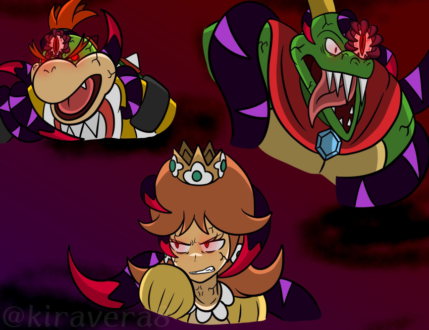 alternate_eye_color angry blonde_hair blue_fur bowser_jr. brown_hair cape corruption crossover crown dark_persona dharkon donkey_kong_(series) donkey_kong_country fangs glowing glowing_eyes hal_laboratory highres king_k._rool kiravera8 long_hair looking_at_viewer looking_to_the_side mario_(series) nintendo open_mouth pointy_ears possessed princess_daisy red_eyes sharp_teeth short_hair slit_pupils super_mario_bros. super_mario_land super_mario_sunshine super_smash_bros. teeth tentacles tongue tongue_out veins