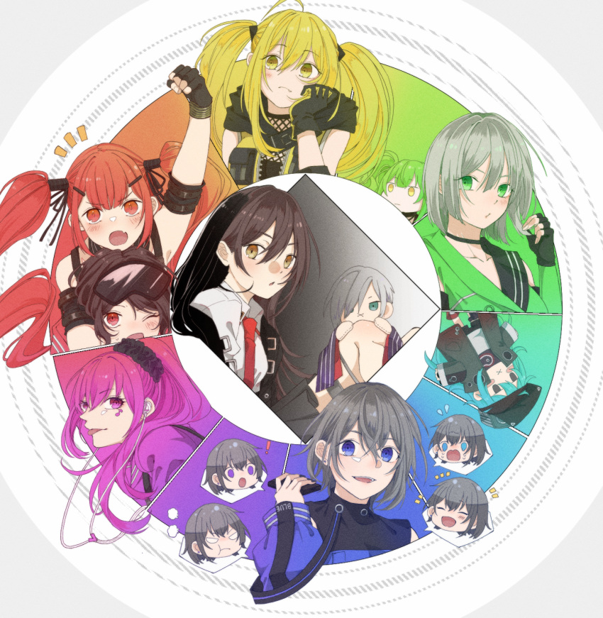 6+girls ahoge black_hair blonde_hair blue_eyes character_doll color_wheel commentary_request cz-75_(girls'_frontline) fingerless_gloves g11_(girls'_frontline) girls'_frontline gloves goggles goggles_on_head gradient green_eyes green_hair hair_ornament hair_scrunchie highres js05_(girls'_frontline) long_hair m950a_(girls'_frontline) mg5_(girls'_frontline) multiple_girls nz_75_(girls'_frontline) one_eye_closed open_mouth p22_(girls'_frontline) pink_eyes pink_hair pm-06_(girls'_frontline) pm-9_(girls'_frontline) r5_(girls'_frontline) rabb_horn red_eyes red_hair scrunchie short_hair silver_hair smile spoken_character tongue tongue_out twintails yellow_eyes