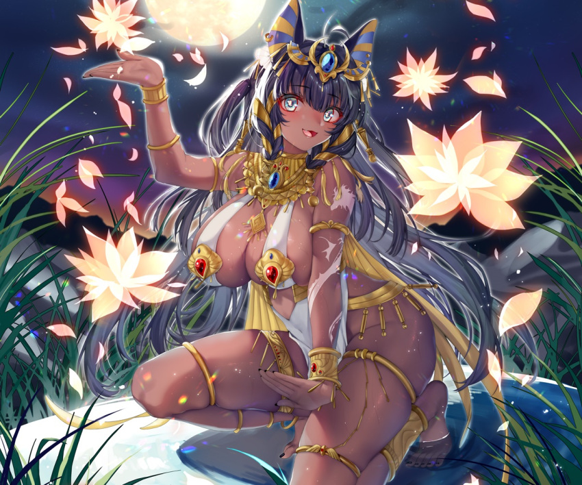 animal_ears barefoot black_hair blue_eyes breasts cat_smile cropped dark_skin dress fang flowers headdress long_hair moon necklace night nopan petals sky tattoo twintails water wristwear xin_(moehime) z/x