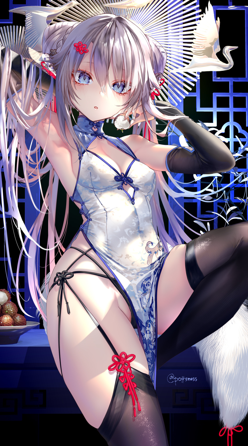 1girl 9a-91_(girls'_frontline) absurdres alternate_costume alternate_hairstyle arm_up bangs black_legwear black_panties blue_eyes blush breasts bridal_gauntlets china_dress chinese_clothes double_bun dress eyelashes girls'_frontline hair_between_eyes highleg highleg_panties highres holding long_hair medium_breasts panties parted_lips pelvic_curtain pottsness skindentation solo tassel thighhighs twitter_username underwear