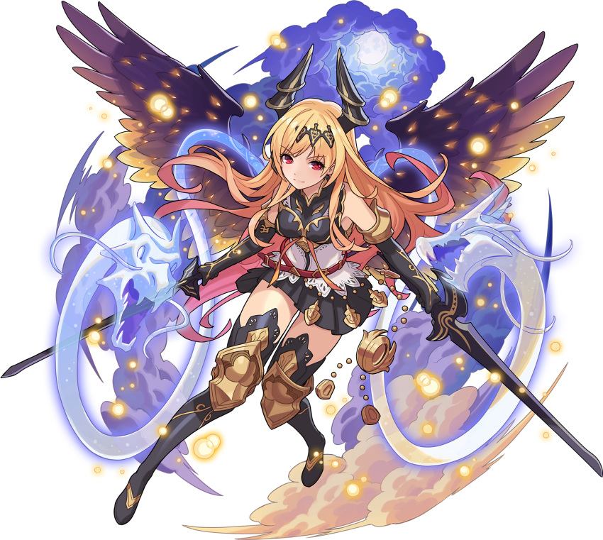 1girl armor artist_request bangs bare_shoulders belt black_footwear black_gloves black_hairband black_legwear black_shirt black_skirt blonde_hair blush boots breasts closed_mouth cloud dark_angel_olivia dragon dual_wielding elbow_gloves eyebrows_visible_through_hair feathered_wings flying full_body full_moon gloves gradient_hair granblue_fantasy hairband highres holding holding_sword holding_weapon horns knee_pads knees_together_feet_apart light_blush light_particles long_hair looking_to_the_side medium_breasts miniskirt moon multicolored_hair night non-web_source official_art orange_hair pleated_skirt purple_wings red_eyes shiny shiny_hair shirt sidelocks skirt sleeveless sleeveless_shirt solo sword thigh_boots thighhighs transparent transparent_background two-tone_hair v-shaped_eyebrows very_long_hair weapon wings world_flipper zettai_ryouiki