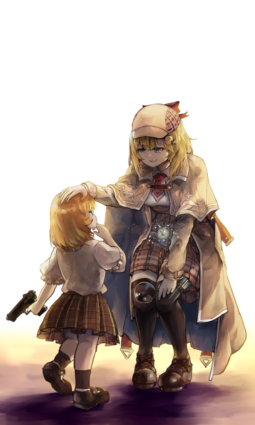 2girls absurdres bangs black_bow blonde_hair blue_eyes bow collared_shirt commentary dual_persona eye_contact glowing gun hair_ornament handgun hat headpat highres holding holding_gun holding_weapon hololive hololive_english jacket looking_at_another magnifying_glass monocle_hair_ornament multiple_girls necktie plaid plaid_skirt pocket_watch red_neckwear shadow shirt shoes simple_background skirt socks thighhighs time_paradox virtual_youtuber vyragami watch watson_amelia weapon white_background younger zettai_ryouiki