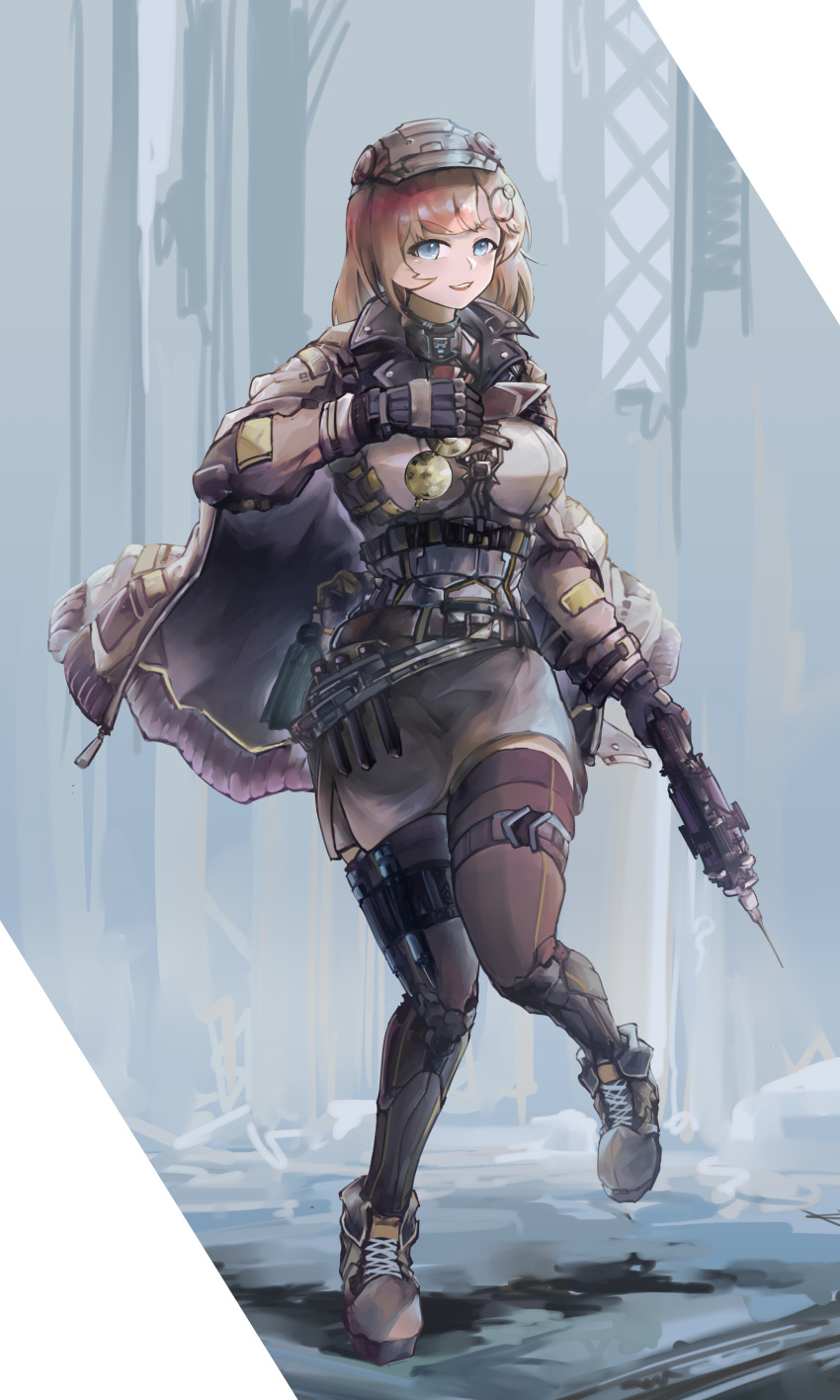 1girl absurdres armor bangs blonde_hair blue_eyes boots commentary cyberpunk eyebrows_visible_through_hair gloves hat highres holding holding_pocket_watch holding_weapon hololive hololive_english jacket looking_at_viewer monocle shadow solo test_tube thighhighs virtual_youtuber vyragami watson_amelia weapon zettai_ryouiki