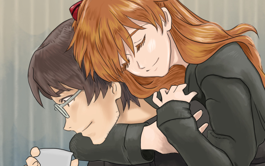 1boy 1girl age_difference aida_kensuke amano_takumi bangs beard brown_hair carrying closed_eyes couple cup evangelion:_3.0+1.0_thrice_upon_a_time facial_hair glasses hair_ornament hairclip head_on_head highres hood hug hug_from_behind jacket long_hair neon_genesis_evangelion piggyback rebuild_of_evangelion resting smile souryuu_asuka_langley standing upper_body