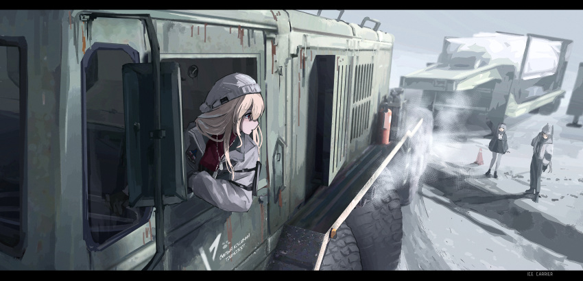 3girls blonde_hair coat fire_extinguisher grey_sky ground_vehicle haguruma_c highres knit_hat long_hair motor_vehicle multiple_girls original red_sweater side_mirror snow sweater traffic_cone trailer viveka_(haguruma_c) winter_clothes winter_coat