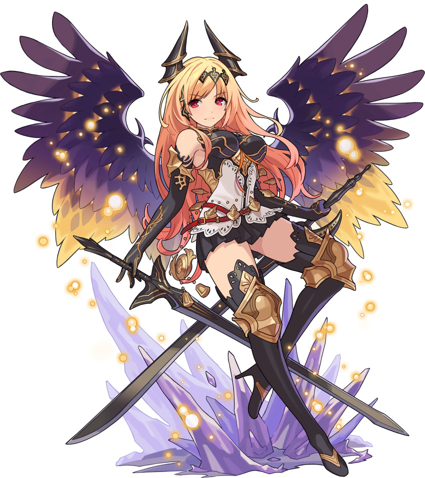 1girl armor artist_request bangs bare_shoulders belt black_footwear black_gloves black_hairband black_legwear black_shirt black_skirt blonde_hair blush boots breasts closed_mouth crystal dark_angel_olivia dual_wielding elbow_gloves eyebrows_visible_through_hair feathered_wings full_body gloves gradient_hair granblue_fantasy hairband highres holding holding_sword holding_weapon horns knee_pads leg_up light_blush light_particles long_hair looking_to_the_side medium_breasts miniskirt multicolored_hair non-web_source official_art orange_hair pleated_skirt purple_wings red_eyes shirt sidelocks skirt sleeveless sleeveless_shirt solo standing standing_on_one_leg sword thigh_boots thighhighs transparent_background two-tone_hair v-shaped_eyebrows very_long_hair weapon wings world_flipper zettai_ryouiki