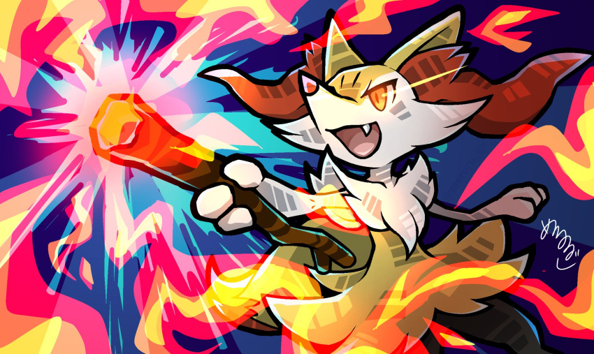 :d animal_ear_fluff braixen commentary fang fangs fire from_below gen_6_pokemon glowing glowing_eyes highres holding holding_stick light_trail meruru_gu open_mouth orange_eyes outstretched_arm pokemon pokemon_(creature) smile solo squiggle stick tongue white_fur yellow_fur