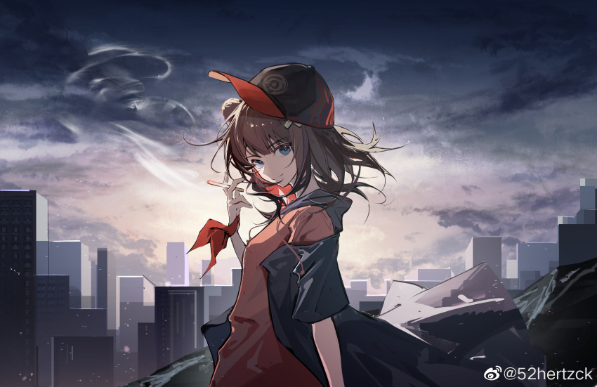 52hertz absurdres animal_ears arknights baseball_cap bear_ears black_hair black_jacket blue_eyes brown_hair chinese_commentary cigarette cityscape cloud cloudy_sky from_side hair_ornament hat highres holding holding_cigarette jacket looking_at_viewer medium_hair official_alternate_costume outdoors red_shirt shirt sky smile smoke smoking upper_body weibo_username x_hair_ornament zima_(arknights) zima_(ursusio79)_(arknights)