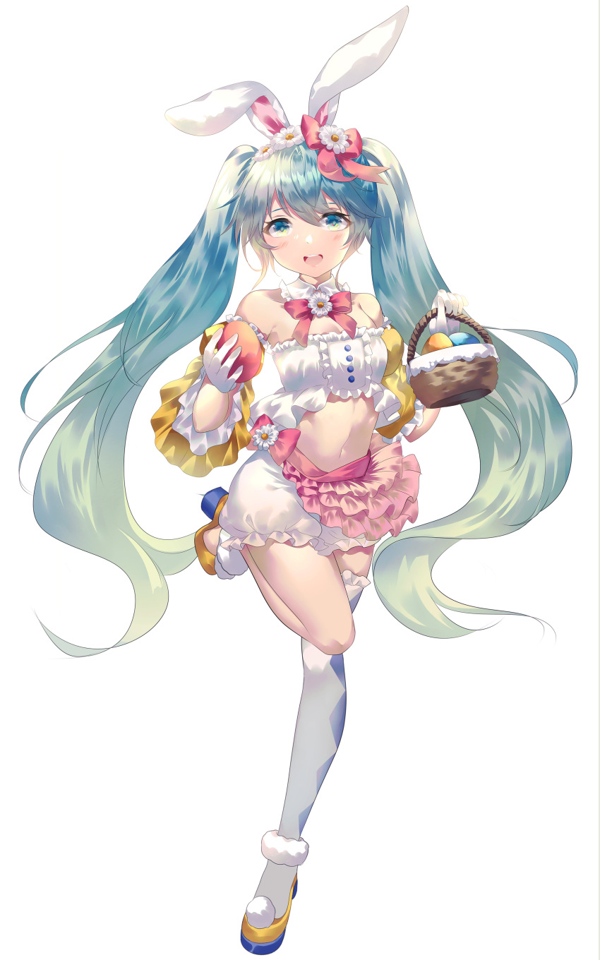 1girl absurdres animal_ears aqua_eyes aqua_hair argyle argyle_legwear asymmetrical_legwear bare_shoulders basket bloomers bunny_ears commentary cosplay cowboy_shot crop_top daisy easter_bunny easter_bunny_(cosplay) egg flower frilled_skirt frills full_body fur-trimmed_footwear gloves hair_flower hair_ornament hatsune_miku high_heels highres holding holding_basket holding_egg leg_up light_blush long_hair looking_at_viewer midriff miniskirt navel open_mouth pink_skirt rhea_(0u0) rose single_thighhigh skirt smile solo standing stomach symbol_commentary thighhighs twintails underwear very_long_hair vocaloid white_background white_flower white_gloves white_legwear