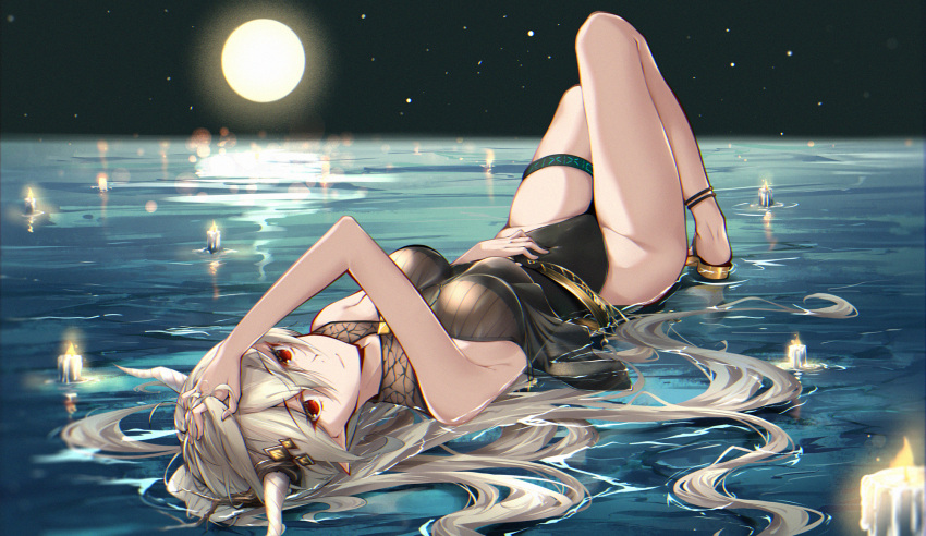 1girl arknights black_leotard breasts candle commentary covered_navel demon_horns full_moon grey_hair groin hand_in_hair highres horns infection_monitor_(arknights) knee_up large_breasts leotard long_hair looking_at_viewer moon official_alternate_costume pointy_ears red_eyes sandals shining_(arknights) shining_(silent_night)_(arknights) sin. solo thigh_strap water yellow_footwear