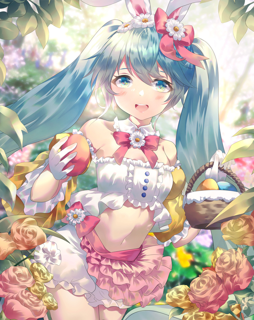 1girl absurdres animal_ears aqua_eyes aqua_hair bare_shoulders basket bloomers blurry blurry_background bunny_ears commentary cosplay cowboy_shot crop_top daisy easter_bunny easter_bunny_(cosplay) egg flower frilled_skirt frills gloves hair_flower hair_ornament hatsune_miku highres holding holding_basket holding_egg light_blush long_hair looking_at_viewer midriff miniskirt navel open_mouth pink_flower pink_skirt rhea_(0u0) rose skirt smile solo stomach symbol_commentary twintails underwear very_long_hair vocaloid white_flower white_gloves yellow_flower