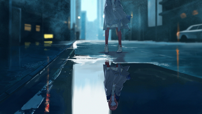 1girl boots braid building car city commentary dress expressionless ground_vehicle head_out_of_frame highres hood hooded_jacket jacket jacket_on_shoulders kaf_(kamitsubaki_studio) kamitsubaki_studio low_twin_braids medium_hair motor_vehicle open_clothes open_jacket outdoors pantyhose pink_hair puddle reflection reflective_water road solo street sun_1200 twin_braids virtual_youtuber water white_dress