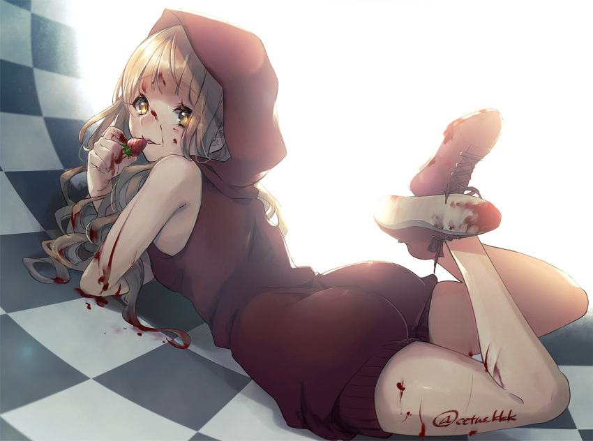 1girl backlighting bangs blonde_hair blood blood_on_face blood_splatter bloody_clothes blush boots cetus_kkk checkered checkered_floor eating food fruit happy holding holding_food hood hood_up little_red_riding_hood_(sinoalice) looking_at_viewer lying on_stomach orange_eyes parted_lips sidelocks sinoalice solo strawberry wavy_hair