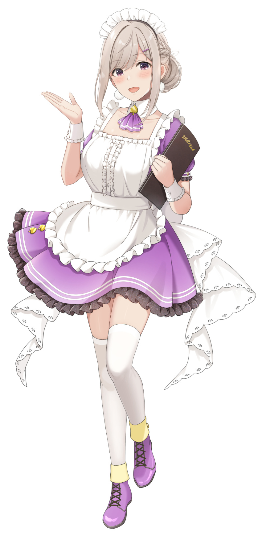 1girl :d absurdres apron azuki_yui blush braid brooch center_frills collarbone cross-laced_footwear detached_collar dress earrings frills grey_hair hair_bun hair_ornament hairclip headdress highres holding holding_menu jewelry looking_at_viewer maid maid_headdress menu open_mouth original purple_brooch purple_dress purple_eyes purple_footwear short_sleeves sidelocks simple_background skindentation smile solo thighhighs waitress white_apron white_background white_legwear wrist_cuffs