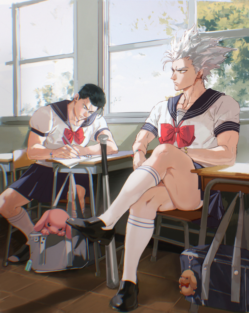 2boys absurdres bag baseball_bat black_footwear black_hair black_skirt bracelet brown_hair bunny chair classroom closed_mouth collared_shirt crossdressing crossed_legs desk frilled_panties frills full_body garou_(one-punch_man) highres holding holding_pencil in_bag in_container indoors jewelry kinzoku_bat leg_hold looking_at_another looking_down looking_to_the_side male_focus multiple_boys neckerchief on_chair one-punch_man panties pantyshot pencil pendant pleated_skirt pompadour red_neckwear red_ribbon ribbon sailor_collar sandals school_bag school_chair school_desk school_uniform serafuku shirt shoes short_hair sitting sitting_sideways skirt socks spread_legs stuffed_animal stuffed_bunny stuffed_toy thisuserisalive underwear white_hair white_legwear window writing