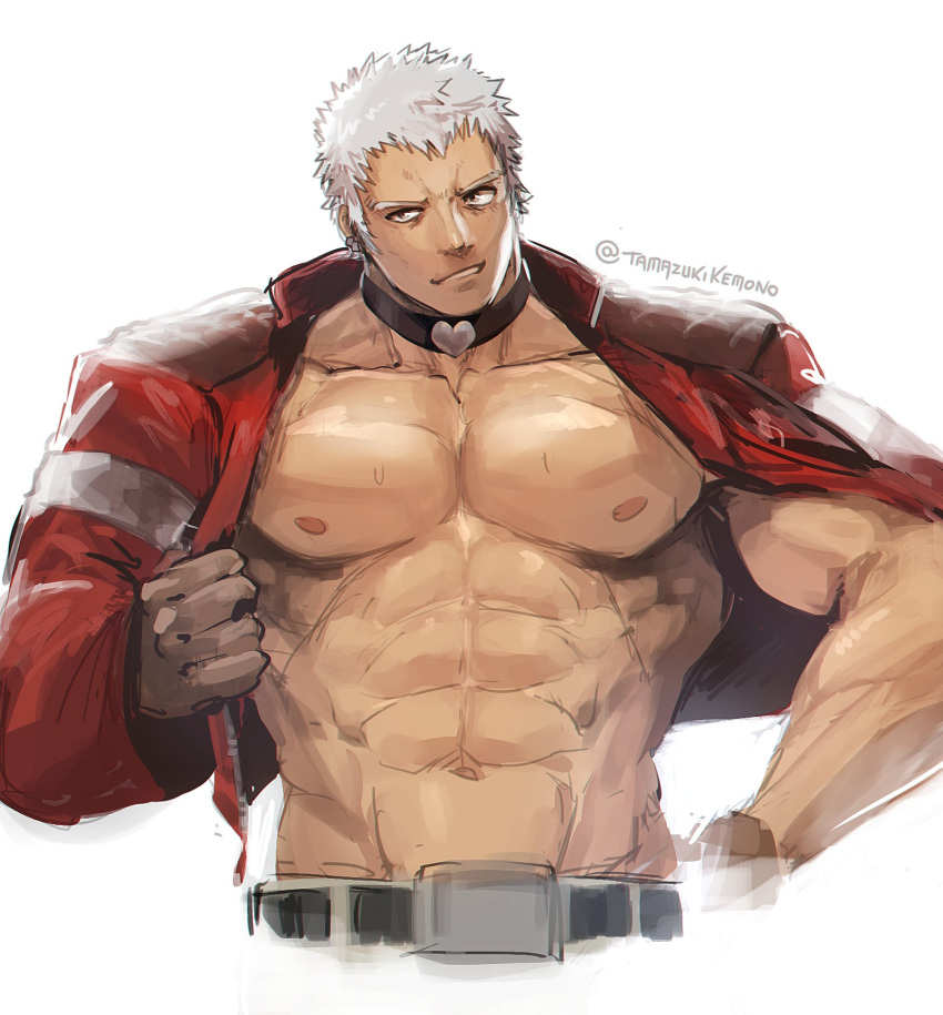 1boy abs bara bare_pectorals collar cropped_torso heart heart_collar heart_print highres jacket jacket_on_shoulders large_pectorals long_sideburns male_focus mature_male muscular muscular_male nanakase_yashiro navel nipples pectorals red_jacket short_hair sideburns solo stomach tamazukiyama the_king_of_fighters the_king_of_fighters_'97 undressing upper_body white_hair