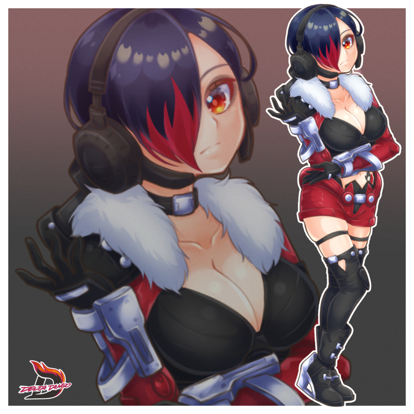 1girl arm_under_breasts black_choker black_footwear black_gloves black_hair breasts brown_eyes choker cleavage collarbone daisy_(girl_gun_lady) dip-dyed_hair frown fur_trim girl_gun_lady gloves highres medium_breasts navel open_hand open_jumpsuit red_hair red_jumpsuit shirogane_tsubasa skindentation solo thigh_strap thighhighs tokusatsu zoom_layer