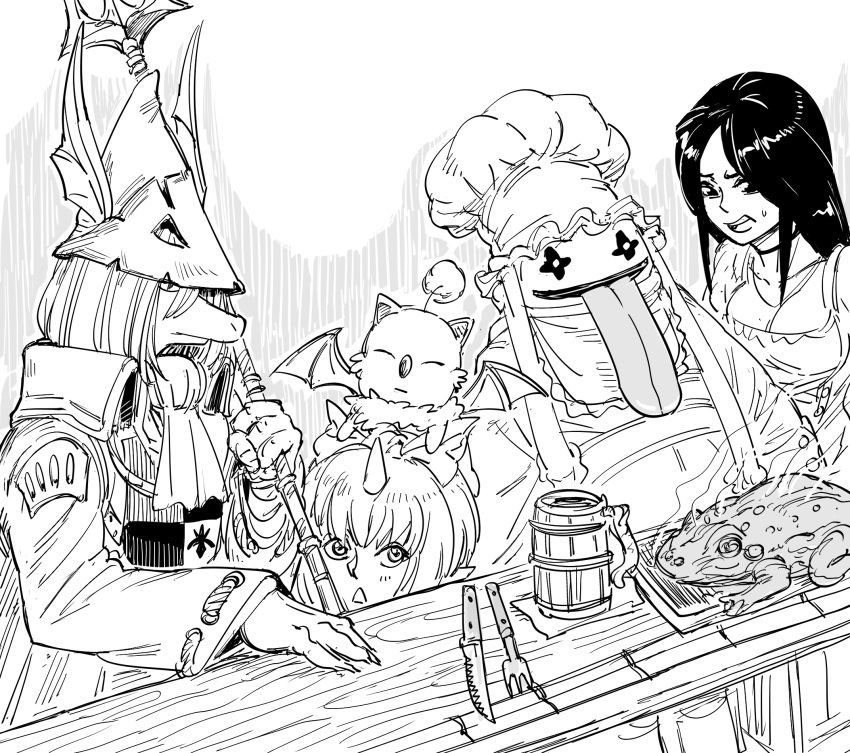 3girls bat bb_(baalbuddy) breasts character_request choker cleavage commentary cravat cup english_commentary final_fantasy final_fantasy_ix freija_crescent frog furry greyscale hair_between_eyes hat highres holding holding_staff long_hair long_tongue monochrome mug multiple_girls open_mouth paws staff sweatdrop tongue tongue_out