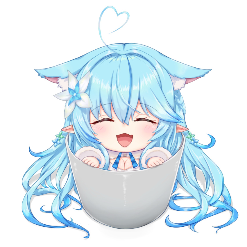 1girl ahoge animal_ears blue_hair blush breasts bucket cleavage eyebrows_visible_through_hair fang hair_ornament highres hololive in_bucket in_container jefflink long_hair open_mouth pointy_ears simple_background skin_fang smile solo sweater virtual_youtuber white_background white_sweater yukihana_lamy