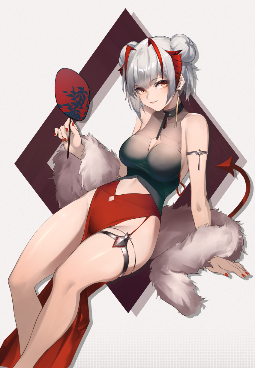 1girl absurdres alternate_costume alternate_hairstyle arknights arm_support black_shirt breasts cleavage cleavage_cutout clothing_cutout commentary demon_girl demon_horns demon_tail double_bun dress fan feather_boa feet_out_of_frame grey_hair highres holding holding_fan horns large_breasts looking_at_viewer muta_(csw) no_panties reclining red_dress red_nails shirt short_hair simple_background solo tail thigh_strap thighs w_(arknights) white_background yellow_eyes