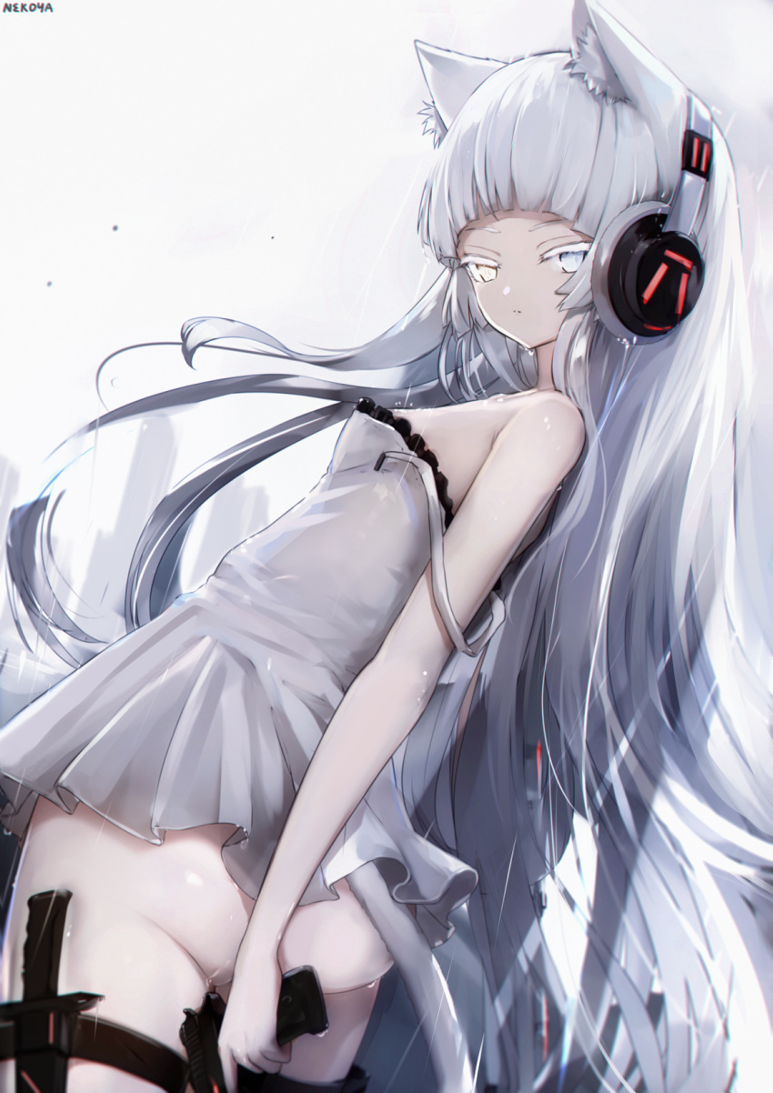 1girl animal_ear_fluff animal_ears artist_name ass awp_(girls'_frontline)_(nekoya_(liu)) bangs bare_arms bare_shoulders blue_eyes breasts cat_ears cat_tail closed_mouth commentary_request cowboy_shot dress from_behind girls'_frontline gun headphones heterochromia highres holding holding_gun holding_weapon knife long_hair looking_at_viewer nekoya_(liu) no_panties original short_dress silver_hair sleeveless sleeveless_dress small_breasts solo standing strap_slip tail thigh_strap very_long_hair weapon white_dress yellow_eyes