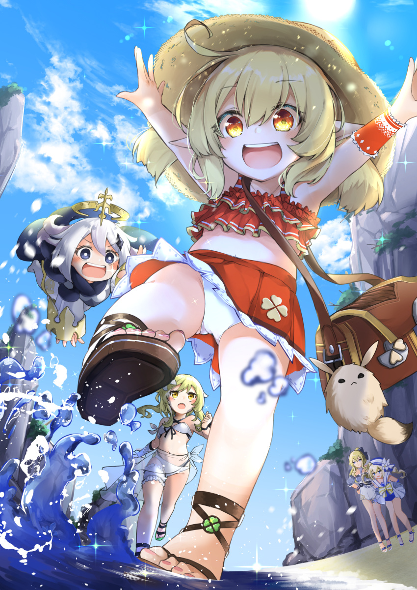 5girls :d absurdres adapted_costume ahoge alternate_costume armpits arms_behind_back bag bag_charm bangs barbara_(genshin_impact) barbara_(summertime_sparkle)_(genshin_impact) barefoot_sandals beach black_scarf blonde_hair blue_eyes blue_sky blurry charm_(object) cloud cloudy_sky clover_print commentary_request depth_of_field detached_sleeves dodoco_(genshin_impact) drill_hair eyebrows_visible_through_hair floating flower frilled_swimsuit frills from_below full_body genshin_impact grey_eyes hair_between_eyes hair_flower hair_ornament handbag hat highres horizon jean_(genshin_impact) jean_(sea_breeze_dandelion)_(genshin_impact) klee_(genshin_impact) leaning_forward leglus light_brown_hair long_hair looking_at_another looking_at_viewer looking_down low_twintails lumine_(genshin_impact) mechanical_halo midriff multiple_girls navel ocean open_mouth orange_eyes outstretched_arms paimon_(genshin_impact) panties pantyshot pointy_ears ponytail red_swimsuit sailor_collar sandals scarf see-through shade short_hair short_hair_with_long_locks sidelocks sky smile spread_arms standing standing_on_one_leg straw_hat sun swimsuit twin_drills twintails underwear walking white_hair white_panties yellow_eyes