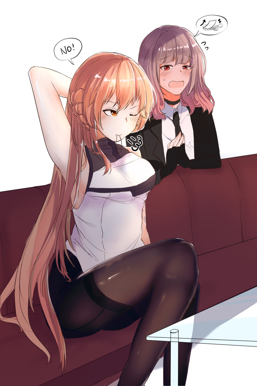 2girls begging brown_hair commentary_request couch english_text fingerless_gloves gentiane_(girls'_frontline) girls'_frontline glass_table gloves hair_ribbon harafrontline highres korean_commentary long_hair multiple_girls one_eye_closed ots-14_(girls'_frontline) pink_hair ribbon speech_bubble table