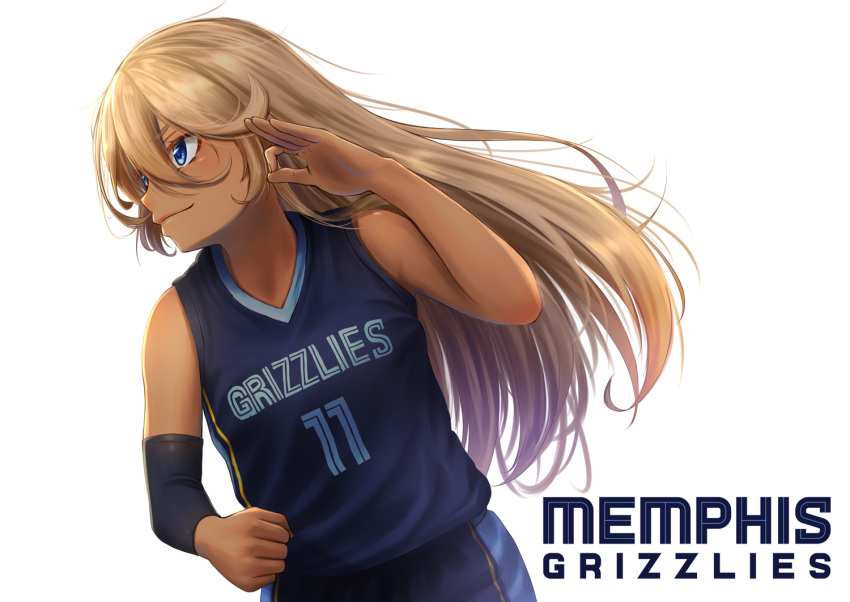 1girl azur_lane basketball basketball_uniform blonde_hair blue_eyes elbow_sleeve long_hair memphis_grizzlies mike_conley name_conscious national_basketball_association pose simple_background sportswear tennessee_(azur_lane) upper_body white_background yakkuro