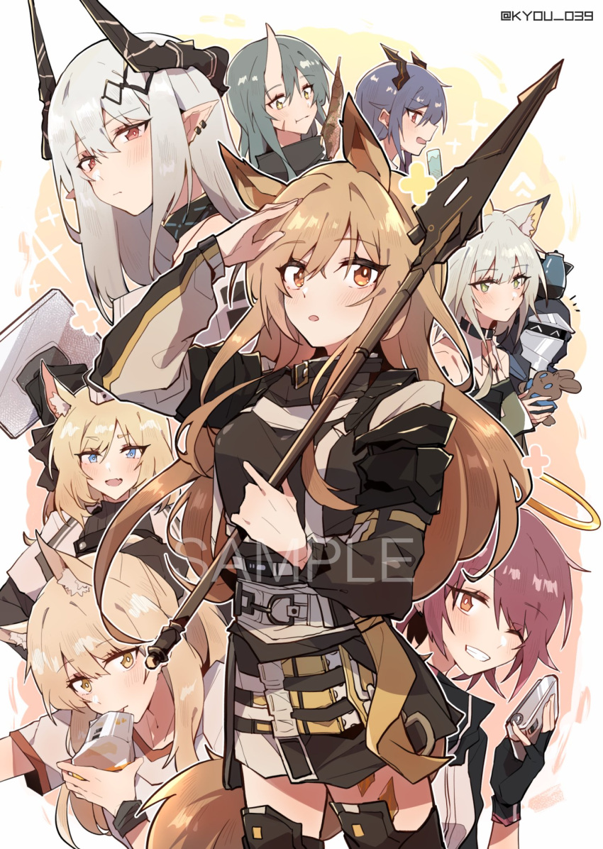 1other 6+girls ^_^ amiya_(arknights) animal_ears arknights black_collar black_gloves black_headwear black_legwear black_shirt black_skirt black_wristband blemishine_(arknights) blonde_hair blue_eyes blue_hair boots brown_eyes brown_hair camera ceobe_(arknights) ch'en_(arknights) character_doll closed_eyes collar commentary cover cover_page cowboy_shot demon_horns doctor_(arknights) dog_ears dragon_horns ear_piercing exusiai_(arknights) fingerless_gloves gloves green_eyes green_hair grey_hair halo hammer hat highres holding holding_camera holding_hammer holding_spear holding_stuffed_toy holding_weapon horns hoshiguma_(arknights) infection_monitor_(arknights) kal'tsit_(arknights) kettle kyou_039 long_hair lynx_ears multiple_girls object_on_head one_eye_closed oni open_mouth orange_eyes oripathy_lesion_(arknights) piercing pointy_ears polearm red_eyes red_hair sample shirt short_hair single_horn skirt smile spear stuffed_animal stuffed_bunny stuffed_toy thigh_boots thighhighs tongue tongue_out twitter_username very_long_hair weapon whislash_(arknights) white_shirt
