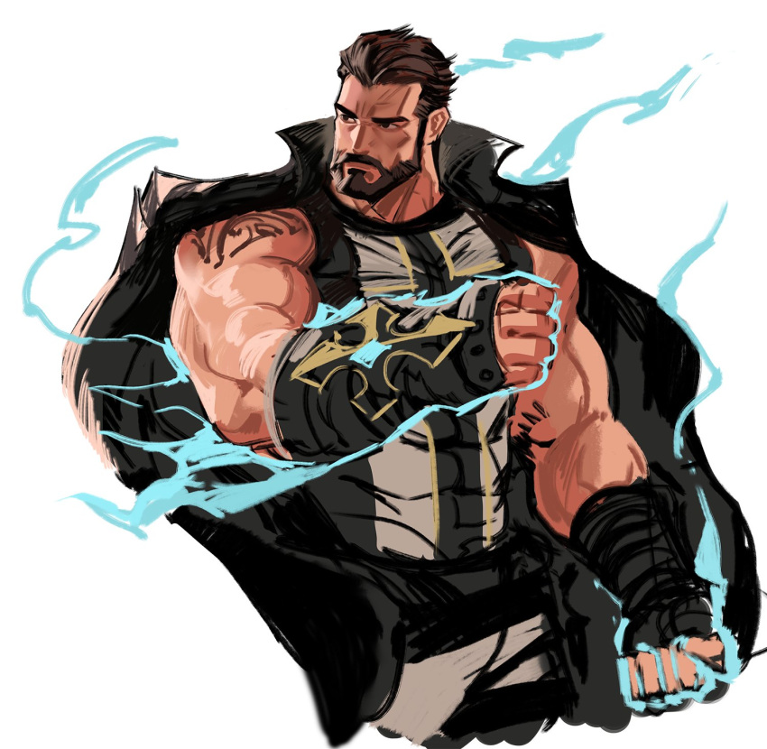 1boy bara bare_shoulders beard black_hair black_jacket blood blood_on_face covered_abs cropped_legs dungeon_and_fighter facial_hair highres injury jacket jacket_on_shoulders jang_ju_hyeon looking_to_the_side male_focus male_priest_(dungeon_and_fighter) mature_male muscular muscular_male priest_(dungeon_and_fighter) short_hair sleeveless solo