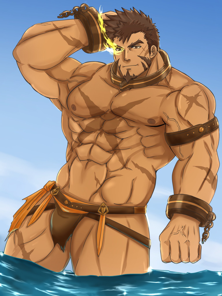 1boy abs bara bare_pectorals brown_hair brown_male_underwear bulge cross_scar facial_hair flaming_eye goatee hand_on_own_head hercules_(tokyo_houkago_summoners) highres inari_konko_(inari_sushi3) large_pectorals loincloth long_sideburns male_focus mature_male muscular muscular_male navel nipples pectorals revealing_clothes scar scar_on_arm scar_on_chest short_hair sideburns smile solo stomach thick_thighs thighs tokyo_houkago_summoners