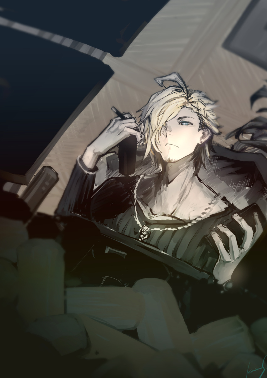 1boy ahoge aladdin_(sinoalice) beard blonde_hair blue_eyes brown_hair can cigar energy_drink facial_hair hair_ornament hairclip highres imi_(ikaruga_roka) jewelry long_sleeves looking_at_screen looking_at_viewer male_focus multicolored_hair necklace reality_arc_(sinoalice) ring sinoalice sketch smoking two-tone_hair