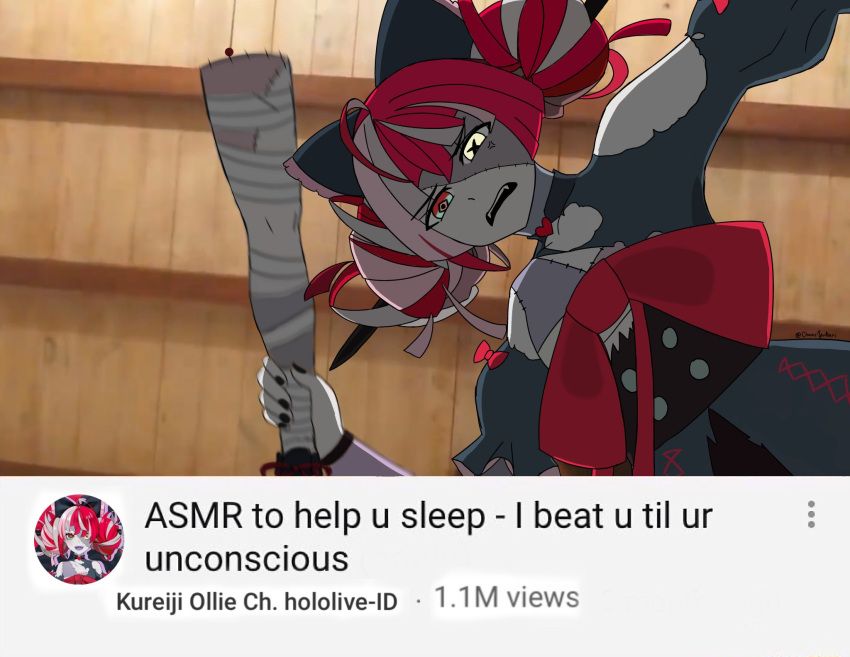 1girl asmr ch@osyukari commentary english_commentary highres holding_leg hololive hololive_indonesia kureiji_ollie parted_lips red_hair teeth virtual_youtuber zombie
