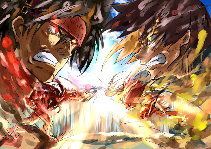 2boys aura battle brown_hair claws clenched_hand covered_abs crossover dragon_install energy_wings fighting fingerless_gloves fireseal gloves green_eyes guilty_gear guilty_gear_xrd headband helmet jacket junkyard_dog_mk_iii kazuma_(scryed) long_hair multiple_boys muscular muscular_male nanbaba orange_armor ponytail power_fist red_eyes red_hair scryed shirt short_hair sol_badguy spiked_hair sword teeth weapon winged_helmet yellow_eyes