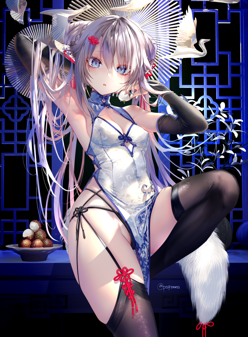 1girl 9a-91_(girls'_frontline) absurdres arm_up armpits bare_shoulders black_legwear black_panties blue_eyes braid braided_bun breasts bridal_gauntlets china_dress chinese_clothes cleavage_cutout clothing_cutout double_bun dress feather_boa fine_fabric_emphasis garter_straps girls'_frontline hair_between_eyes hair_bun hair_ornament hairclip highres leg_up long_hair looking_at_viewer lychee multi-strapped_panties panties parted_lips pelvic_curtain pottsness shiny shiny_clothes shiny_legwear side-tie_panties side_cutout silver_hair skindentation sleeveless sleeveless_dress sleeveless_turtleneck small_breasts solo string_panties thighhighs thighs turtleneck underwear very_long_hair white_dress