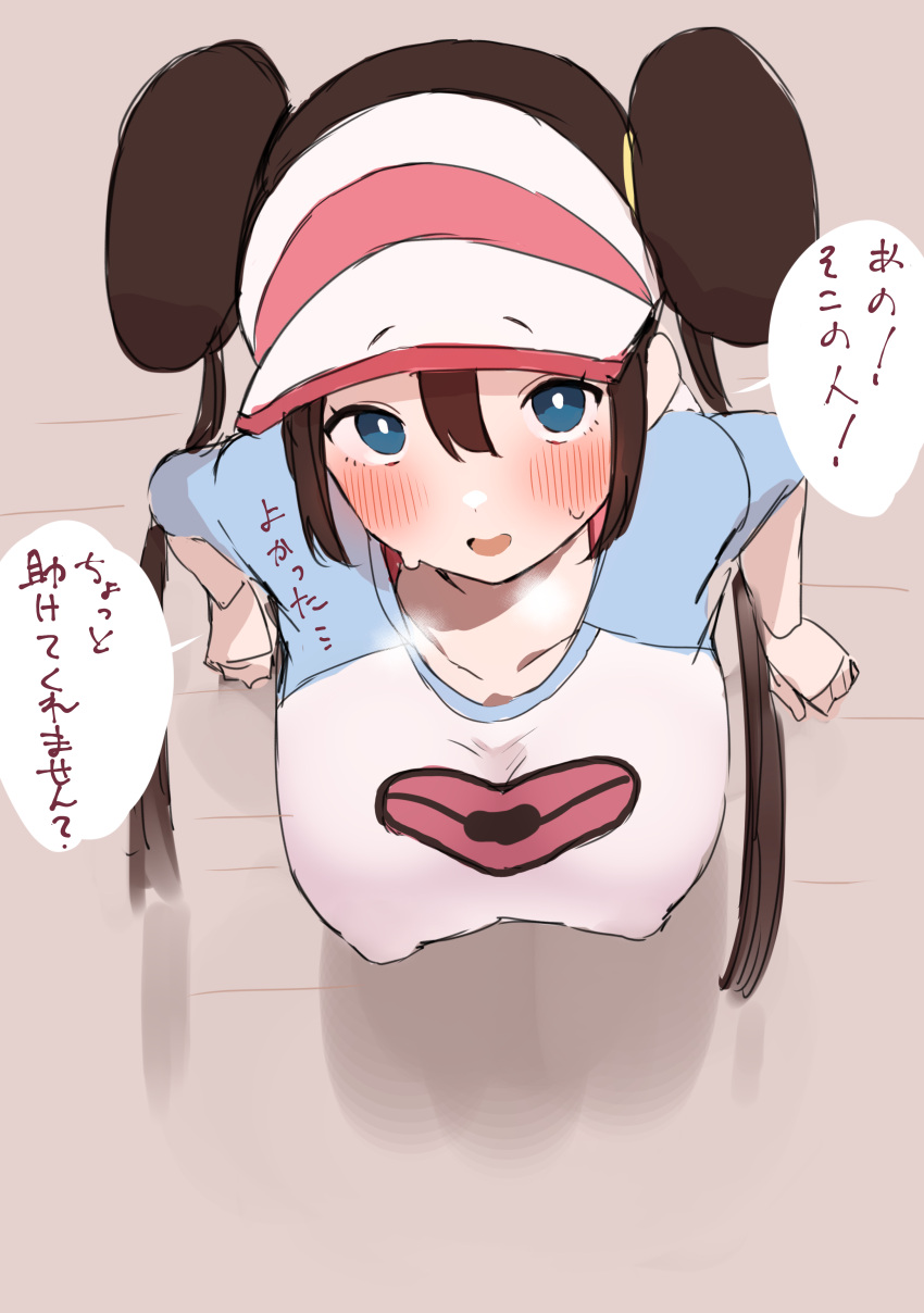 1girl absurdres bent_over blue_eyes blush breasts bright_pupils brown_hair commentary_request covered_nipples double_bun doughnut_hair_bun eyebrows_visible_through_hat hair_between_eyes highres large_breasts long_hair looking_at_viewer open_mouth poke_ball_print pokemon pokemon_(game) pokemon_bw2 raglan_sleeves rosa_(pokemon) shirt sketch smile solo stuck sweat through_wall translation_request twintails upper_body very_long_hair visor_cap wasabi_(user_vywv2825) white_pupils