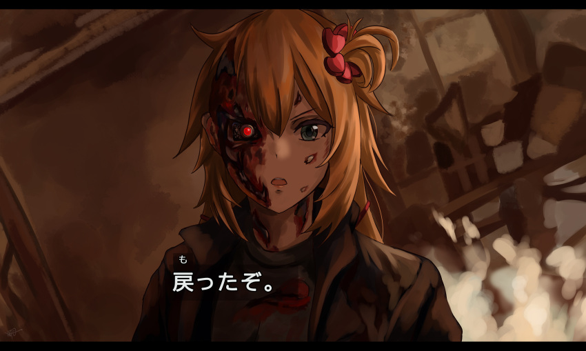 1girl absurdres akai_haato bangs blonde_hair blue_eyes commentary_request cosplay dark fire hair_ornament hair_ribbon heart heart_hair_ornament highres hololive injury jacket leather leather_jacket letterboxed looking_at_viewer mechanical_ears mechanical_parts open_mouth parody red_eyes ribbon solo t-800 t-800_(cosplay) terminator_(series) translation_request virtual_youtuber yato_(yama0x1)