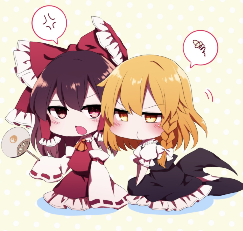 2girls annoyed arm_up bangs bare_shoulders black_dress black_headwear blonde_hair blush bow braid brown_hair chibi closed_mouth collar detached_sleeves dress eyebrows_visible_through_hair fan hair_between_eyes hair_bow hair_tubes hakurei_reimu hand_up hat highres kirisame_marisa long_sleeves looking_at_another multiple_girls open_mouth orange_neckwear puffy_short_sleeves puffy_sleeves red_bow red_dress red_eyes seiza shadow short_hair short_sleeves single_braid sitting touhou white_bow white_collar white_sleeves witch_hat yellow_background yellow_eyes you_(noanoamoemoe) yuri