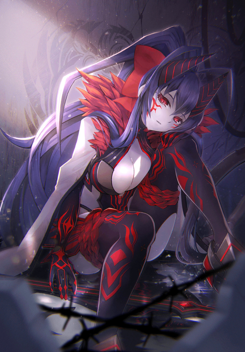 1girl another_dark_mai antenna_hair backless_outfit bangs barbed_wire black_pants blazblue blazblue_alternative:_dark_war blue_hair bow breasts cape cleavage colored_skin dark_persona deadpan facial_tattoo grey_skin halter_top halterneck head_rest highres horns indoors large_breasts long_hair long_sleeves looking_at_viewer lowleg lowleg_pants mai_natsume mechanical_tail official_art open_mouth pants ponytail red_bow red_eyes revealing_clothes sitting solo sunlight tail tattoo white_cape