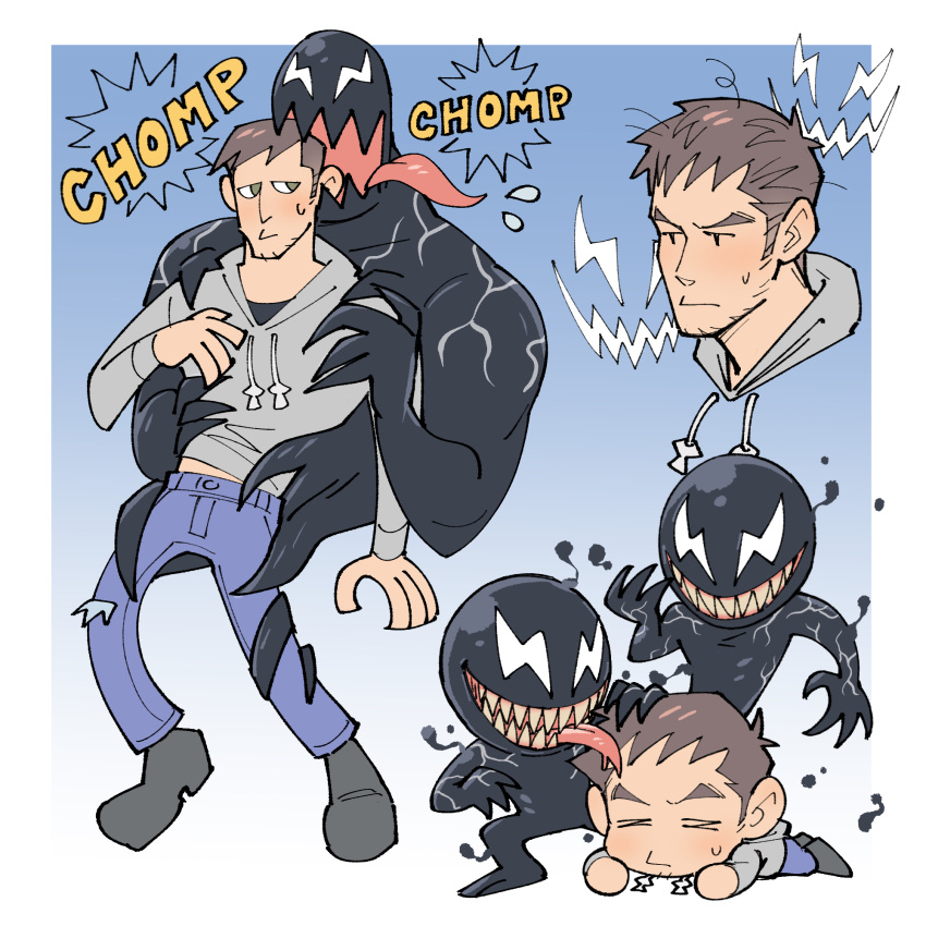 &gt;_&lt; 2boys bullying chibi chomping clothes_lift denim eddie_brock facial_hair highres jeans kalamari lifted_by_another long_sideburns long_tongue male_focus marvel mature_male monster_boy multiple_boys pants sharp_teeth shirt_lift short_hair sideburns slime_boy stubble sweatdrop teeth tongue venom_(marvel) yaoi