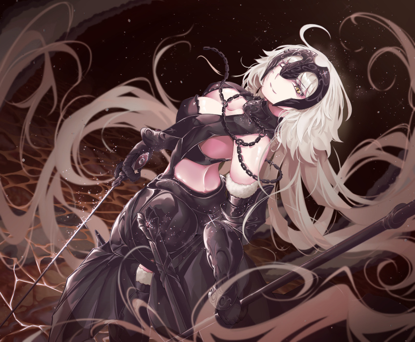 1girl armor blonde_hair breasts chain cleavage fate/grand_order fate_(series) from_above from_behind gauntlets gorget headpiece highres jeanne_d'arc_(alter)_(fate) jeanne_d'arc_(fate)_(all) long_hair pale_skin ru_251 sheath solo sword water weapon wind yellow_eyes