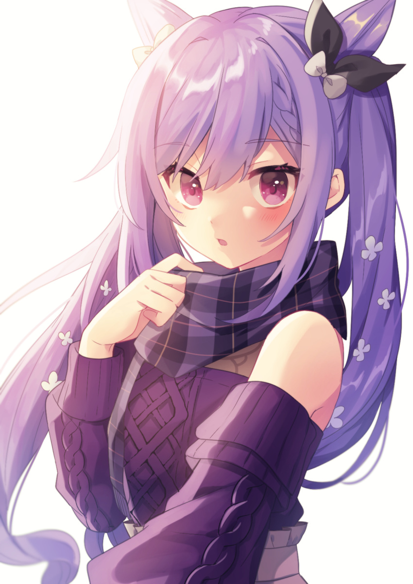 1girl adjusting_scarf bangs braid detached_sleeves double_bun eyebrows_visible_through_hair genshin_impact hair_ornament highres keqing_(genshin_impact) looking_at_viewer parted_lips plaid plaid_scarf purple_eyes purple_hair scarf shirase_(shirose) sidelocks simple_background single_braid solo sweater twintails white_background