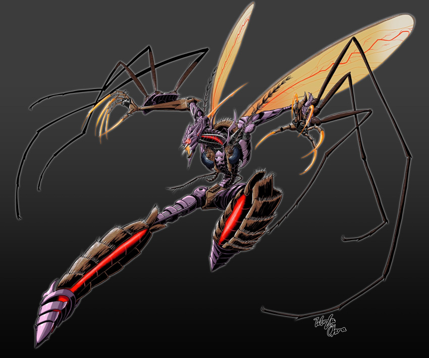 1boy arthropod_legs beast_wars beast_wars:_transformers biomechanical bug claws compound_eyes flying_kick glowing glowing_eyes highres insect insect_wings kicking male_focus mecha mosquito oohara_tetsuya organic predacon transformers transquito wings